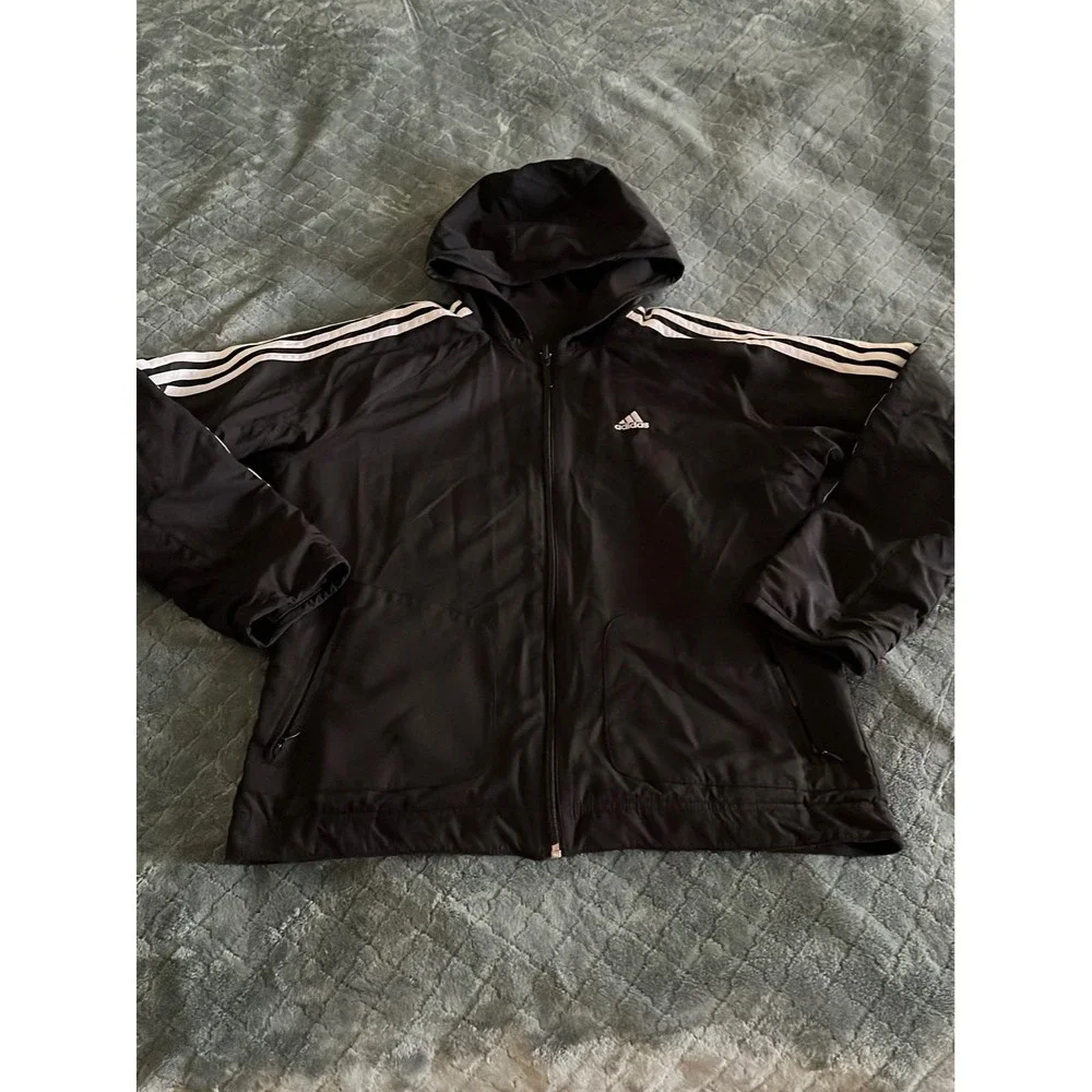 Adidas Reversible Windbreaker Fleece Hoodie Black White Stripe Mens Medium